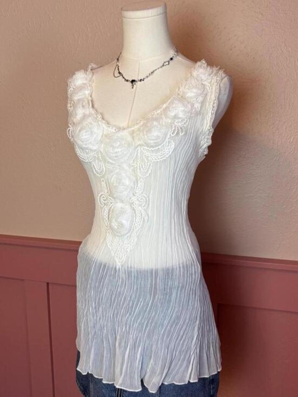 pleated delicate silk top white sz large coquette soft girl